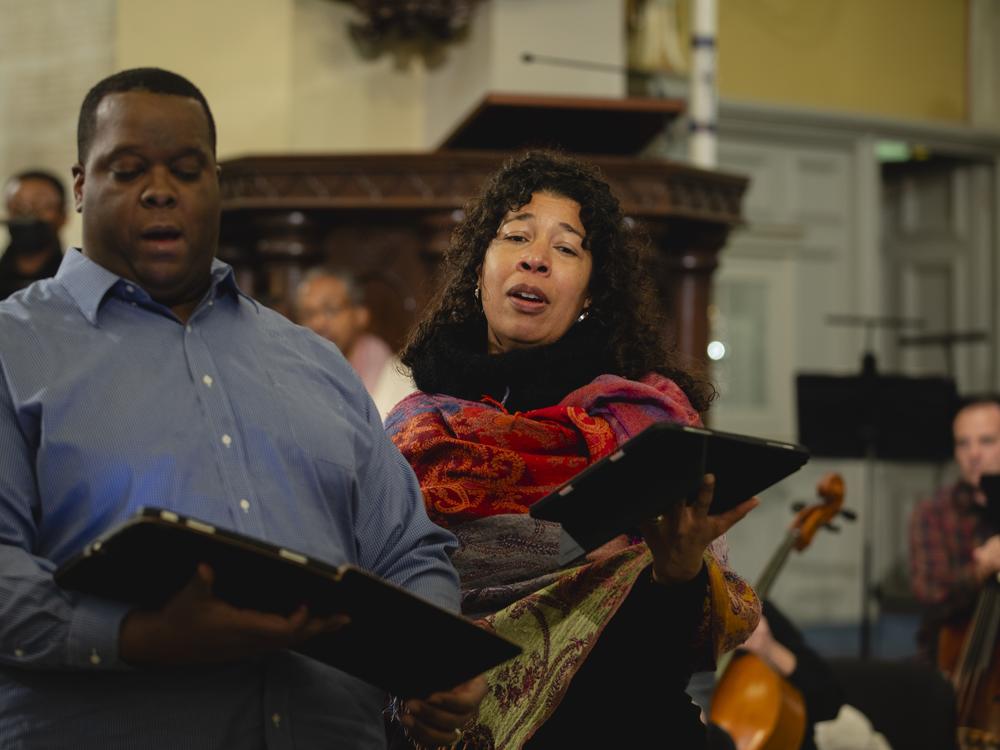 Baritone Joshua Conyers and soprano Mary Elizabeth Williams sing in a rehearsal of the nearly lost 1887 opera <em>Morgiane</em>, perhaps the oldest opera composed by a Black American.