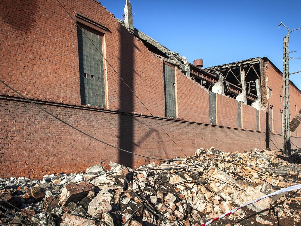 A view of  the wall of a local zinc plant which was damaged by a shockwave from a meteor in the Urals city of Chelyabinsk, on February 15, 2013.