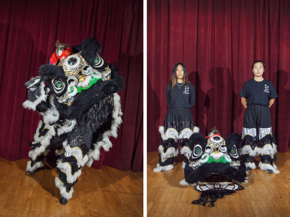 Joyce Huang and Jenny Kumpiman enter the lion before performing at East Wind's headquarter in September 2023.