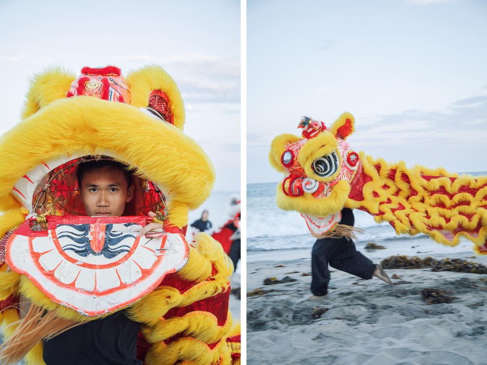 Portraits of Jayden Vuong in a lion costume on Los Angeles' Cabrillo Beach in July 2023.