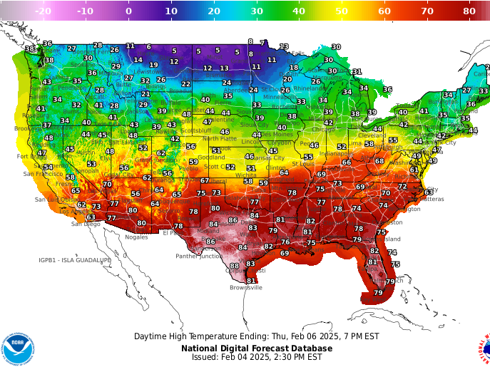 This graphic from NOAA shows forecast temperatures across the U.S. for 7 p.m. Thursday, Feb. 6.