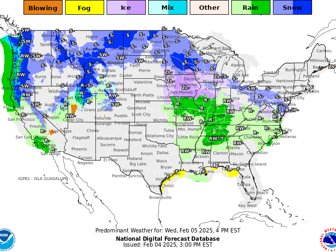 This graphic by NOAA shows forecasted wintry weather across parts of the U.S. for the afternoon of Wednesday, Feb. 5.
