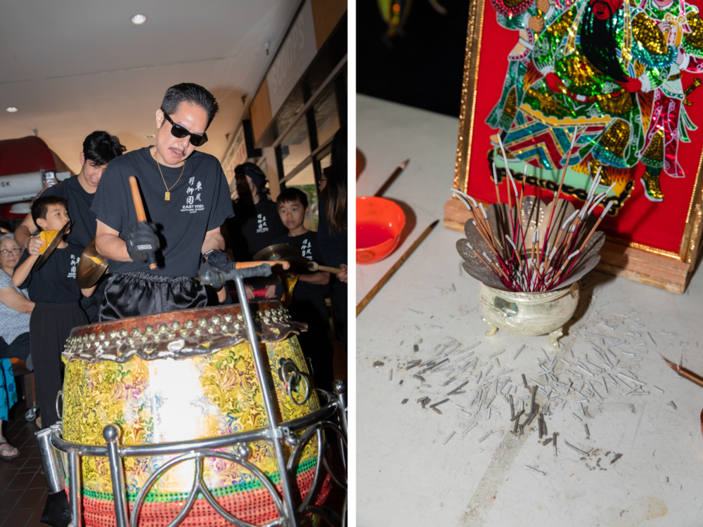 Left: Daniel Wong, a senior member plays the drum at the opening reception for the Chinatown Community Cultural Center in July 2024. Right: An altar at the center's blessing ceremony.