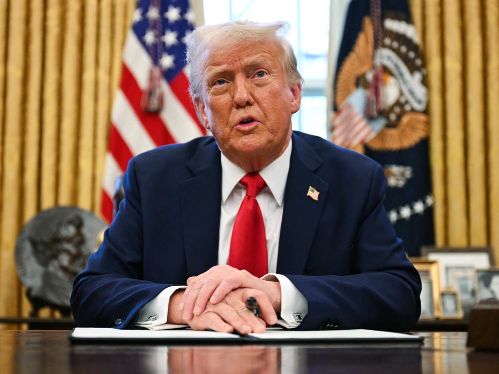 President Trump speaks to the press from the Oval Office on Monday.