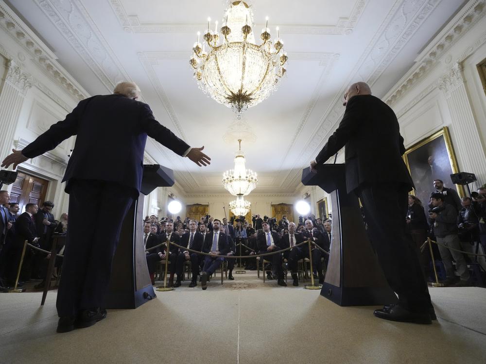 President Trump and Israeli Prime Minister Benjamin Netanyahu speak during a news conference in the East Room of the White House on Tuesday.