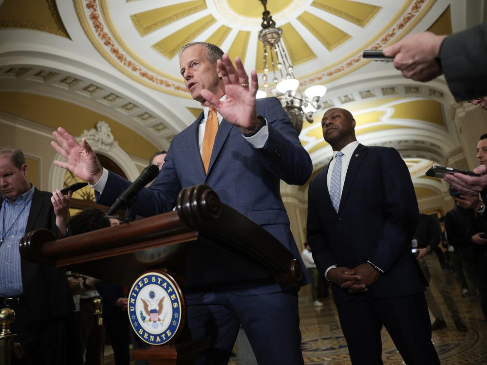 Senate Majority Leader John Thune, R-S.D.,answers questions at the U.S. Capitol following a weekly Republican policy luncheon on Tuesday.