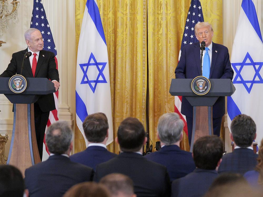 Israeli Prime Minister Benjamin Netanyahu and U.S. President Donald Trump speak during a joint press conference in the East Room of the White House on Feb. 4. Netanyahu is the first foreign leader to visit Trump since he returned to the White House last month.