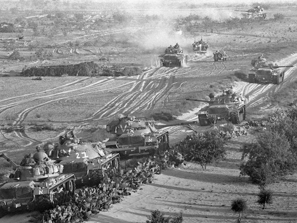 Israeli armor advances against Egyptian troops at the start of the Six-Day War, June 5, 1967, near Rafah, Gaza Strip.