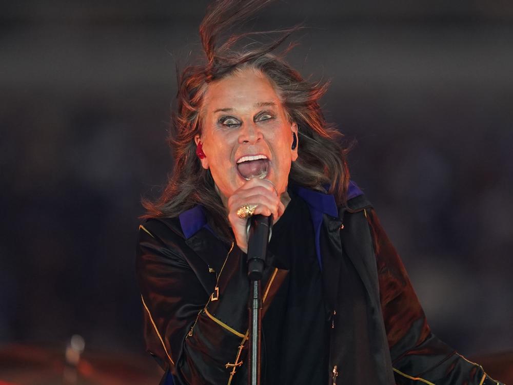 Singer Ozzy Osbourne performs during halftime of an NFL football game between the Los Angeles Rams and the Buffalo Bills in Inglewood, Calif., on Sept. 8, 2022.