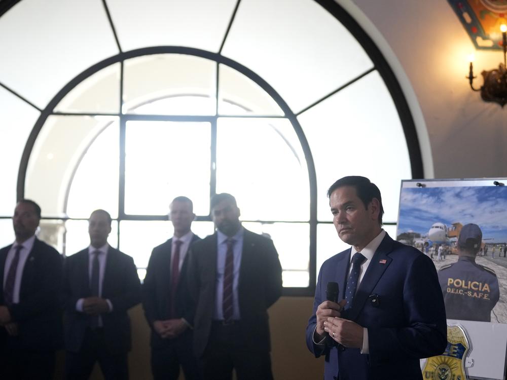 U.S. Secretary of State Marco Rubio speaks after a tour of a migrant return center and a demonstration of a dog trained to sniff out narcotics, at La Aurora International Airport in Guatemala City on Wednesday.