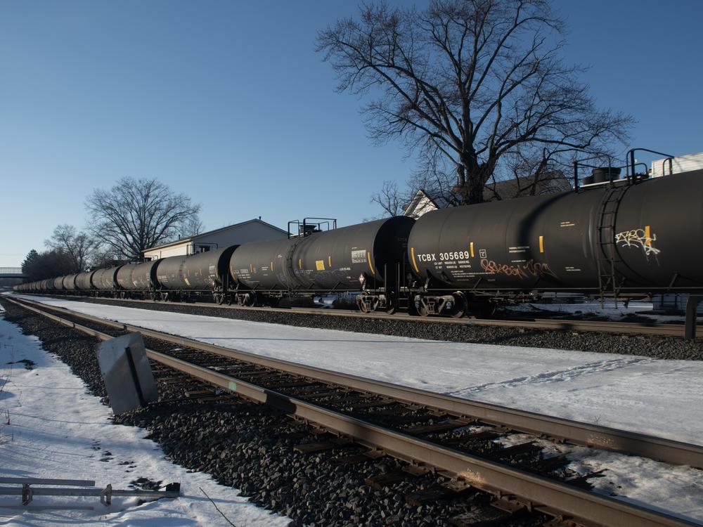 A long Norfolk Southern freight train passes through the town of East Palestine, Ohio on Jan. 17.