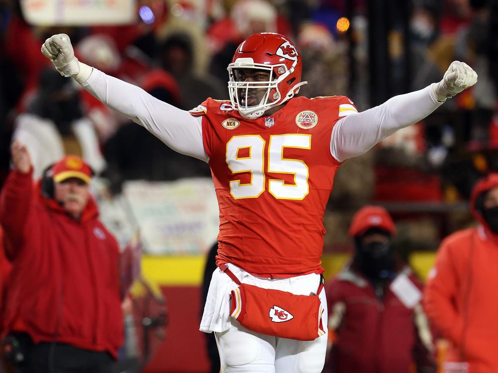 Defensive tackle Chris Jones of the Kansas City Chiefs celebrates during the AFC Wild Card Playoff game against the Miami Dolphins on January 13, 2024 in Kansas City, Mo.