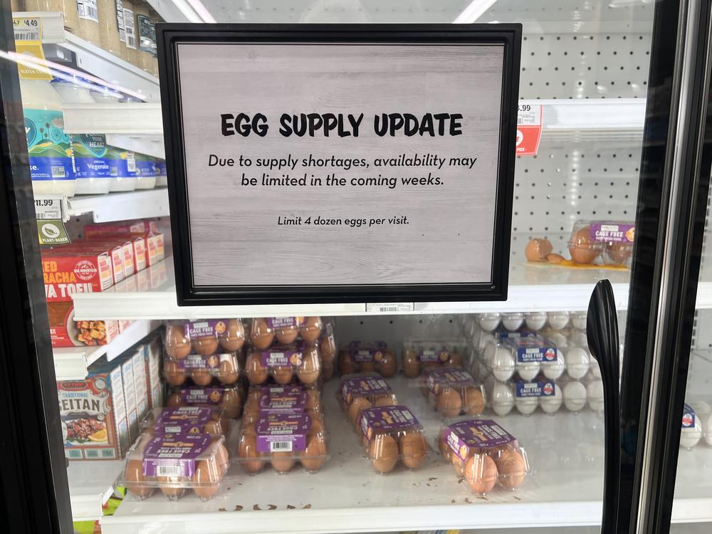 A sign warns that egg supplies may be limited at a grocery story in Miami on Jan. 23. Egg farmers lost more than 38 million birds to the avian flu last year.