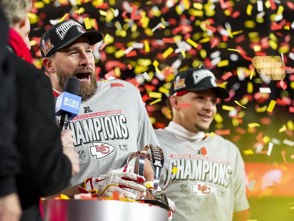 Travis Kelce and Patrick Mahomes of the Kansas City Chiefs celebrate after winning the AFC Championship game against the Buffalo Bills on Jan. 26.