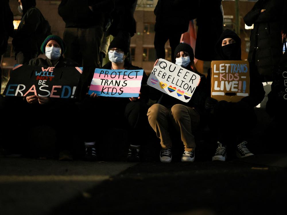People gather to defend transgender rights in New York City on Feb. 3, 2025, protesting against President Trump's executive order signed Jan. 28 to restrict gender transition procedures for people under the age of 19.