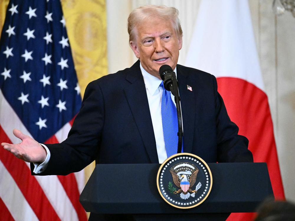 President Trump speaks during a joint press conference with Japanese Prime Minister Shigeru Ishiba following talks, in the East Room of the White House on Friday.