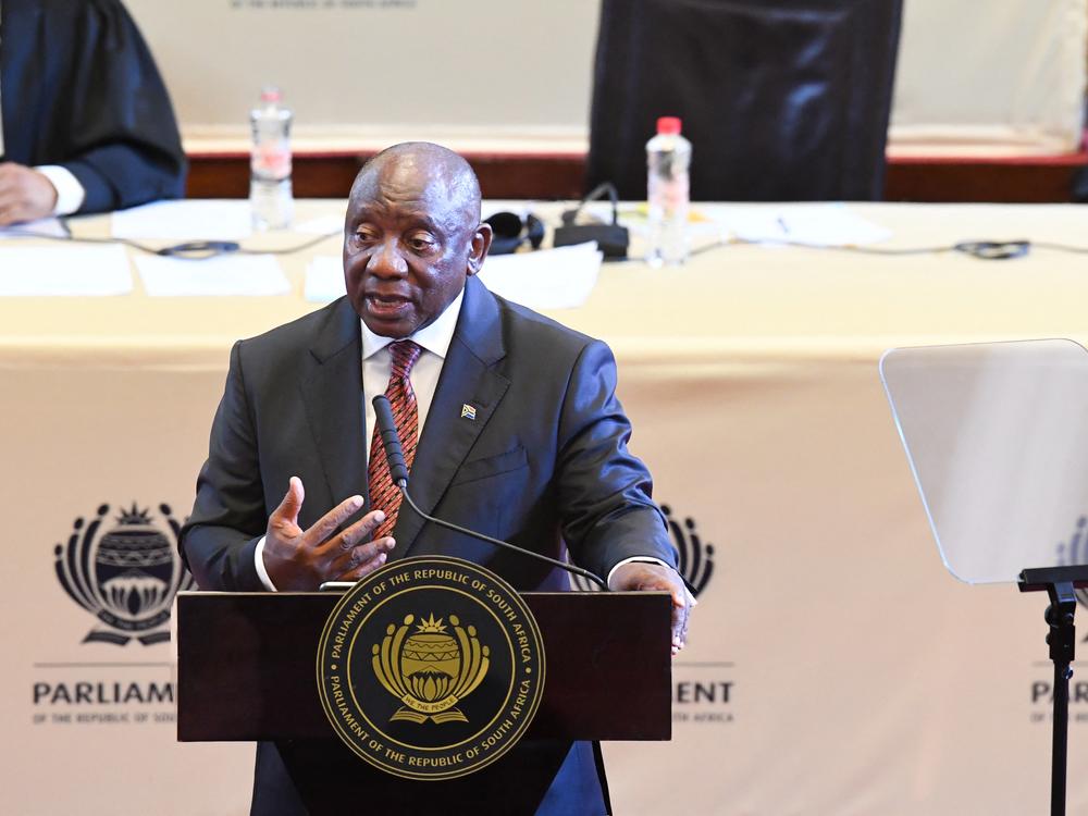 South African President Cyril Ramaphosa delivers the State of the Nation address at the Cape Town City Hall on Feb. 6.