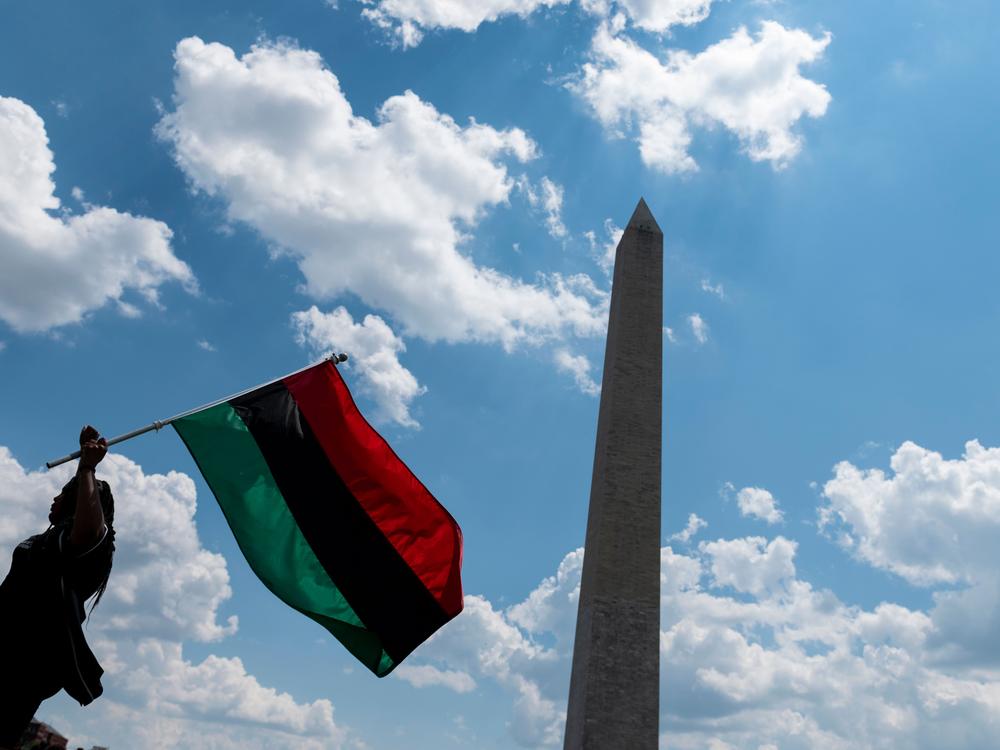A woman waves a Pan-African flag next to the Washington Memorial in Washington, D.C.