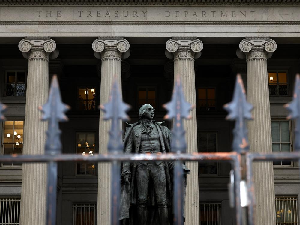 A statue of Alexander Hamilton is seen outside the U.S. Department of Treasury building in a 2023 file photo.