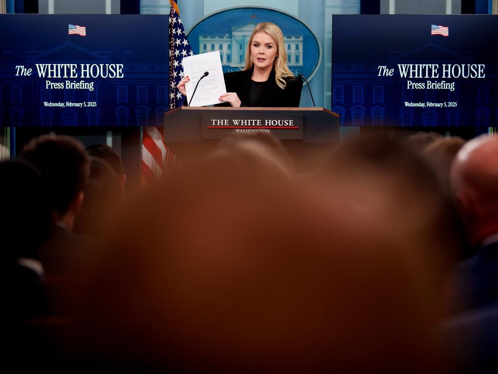 White House Press Secretary Karoline Leavitt holds up a document as she reads off line items of government spending during a news conference Wednesday in the Brady Press Briefing Room at the White House in Washington, D.C.