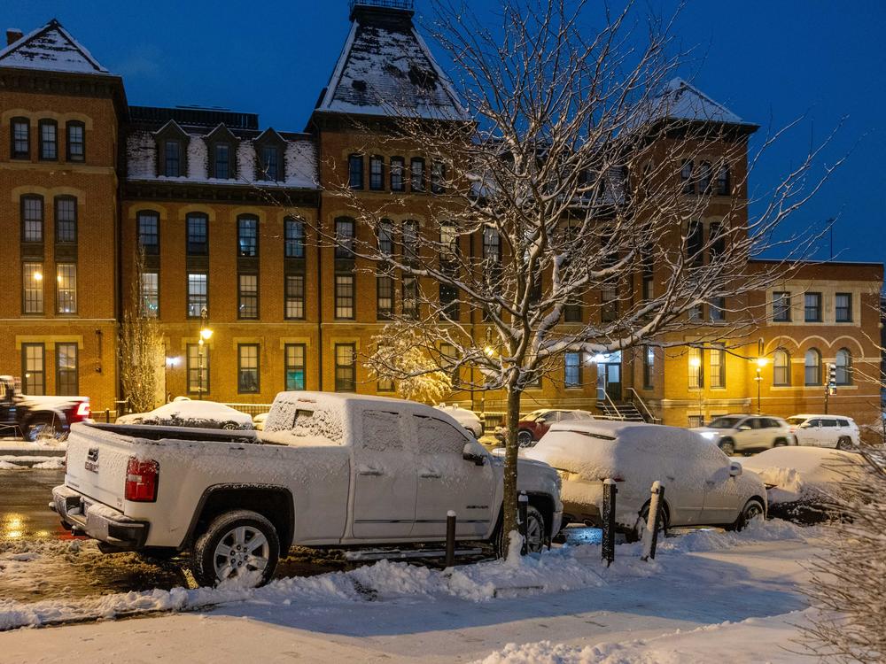 Snow covers vehicles in the Lower Mills neighborhood on Boston on Sunday.