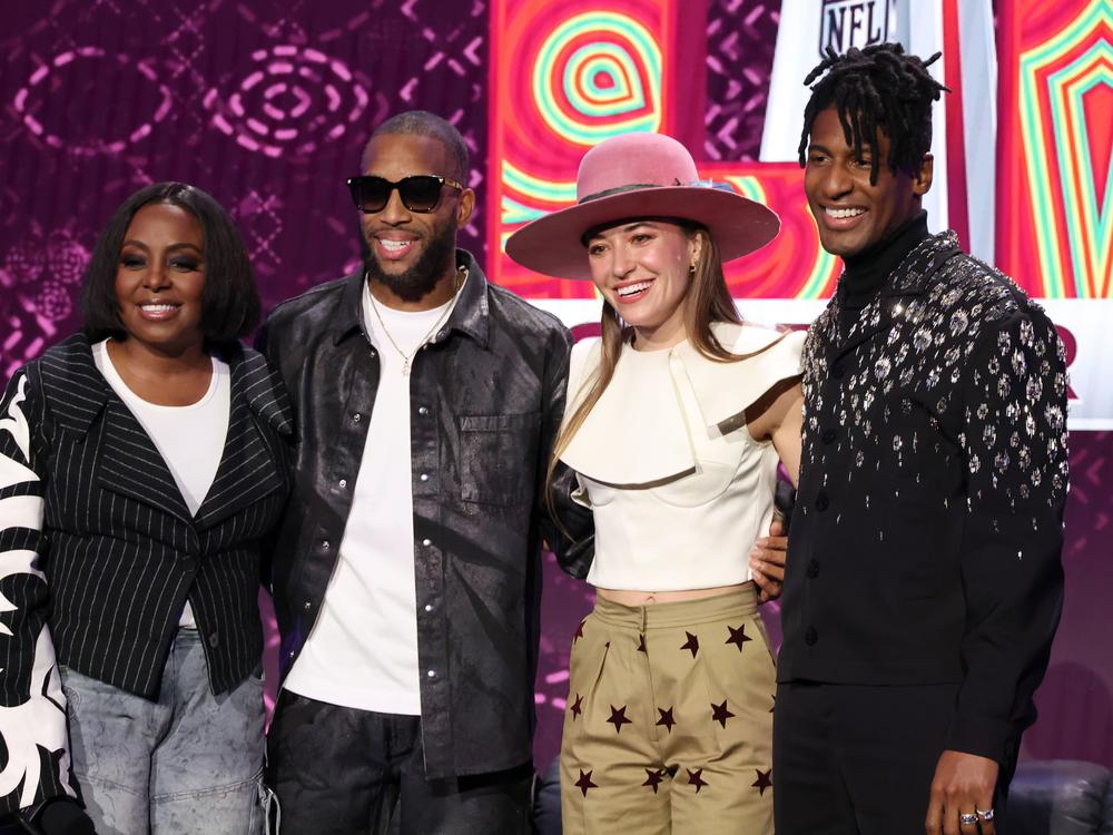 (L-R) Ledisi, Trombone Shorty, Lauren Daigle and Jon Batiste pose onstage during the Super Bowl LVIX Pregame & Apple Music Super Bowl LVIX Halftime Show Press Conference at Ernest N. Morial Convention Center on February 06, 2025 in New Orleans, Louisiana. (Photo by Mike Coppola/Getty Images)