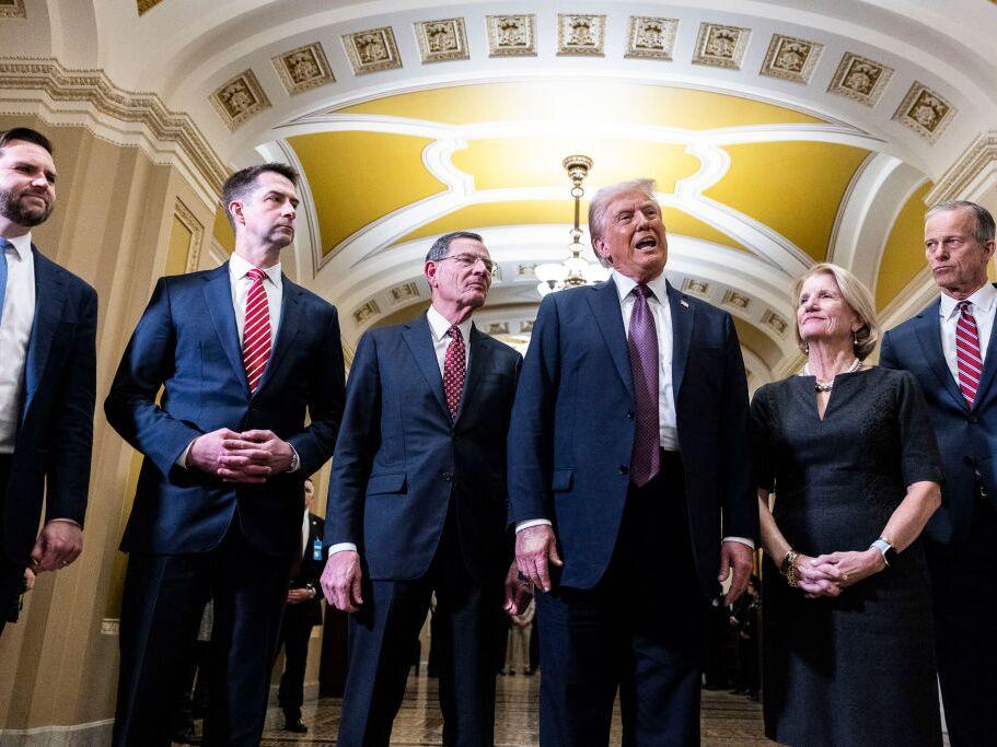 From left: U.S. Vice President JD Vance, Senator Tom Cotton, a Republican from Arkansas, Senator John Barrasso, a Republican from Wyoming, President Donald Trump, Senator Shelley Moore Capito, a Republican from West Virginia, and Senate Majority Leader John Thune, a Republican from South Dakota, speak to the media on Jan. 8, 2025.