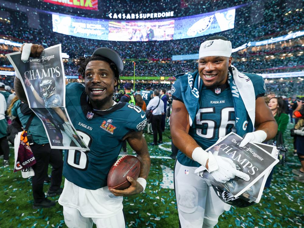 C.J. Gardner-Johnson #8 and Jalyx Hunt #58 of the Philadelphia Eagles celebrate after beating the Kansas City Chiefs 40-22 to win Super Bowl LIX at Caesars Superdome on February 09, 2025 in New Orleans, Louisiana.