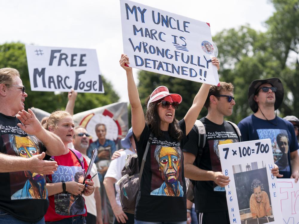 Ellen Keelan, center, and other family members rally outside the White House for the release of Marc Fogel, detained in Russia since August 2021, on July 15, 2023.