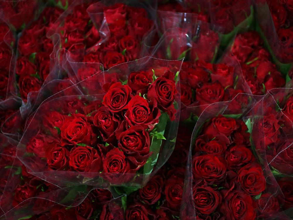 Roses are seen on display at the Bagala Bros flower stand at Sydney Markets in Sydney, Australia, ahead of Valentine's Day 2022.