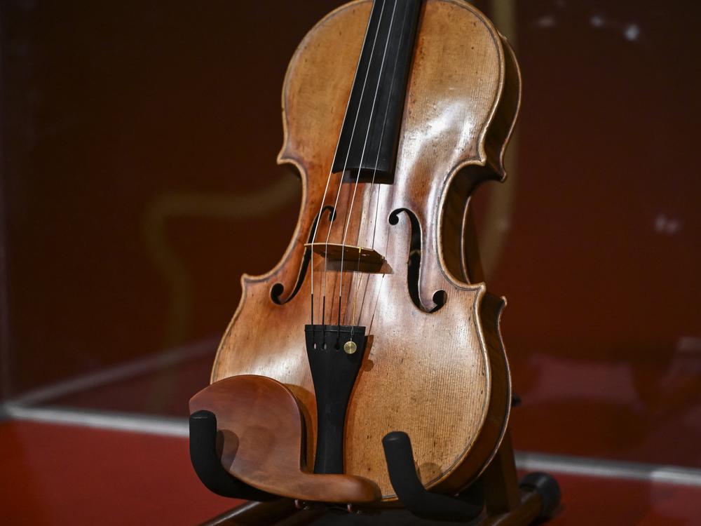 The <em>Joachim-Ma</em> Stradivarius violin is on display during a preview of the violin's auction at Sotheby's in New York City on Feb. 3. It sold for $11.3 million.
