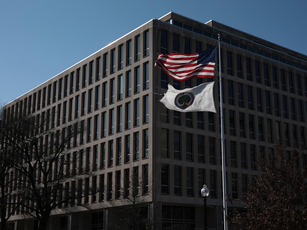 Flags fly outside the U.S. Education Department in Washington, D.C.