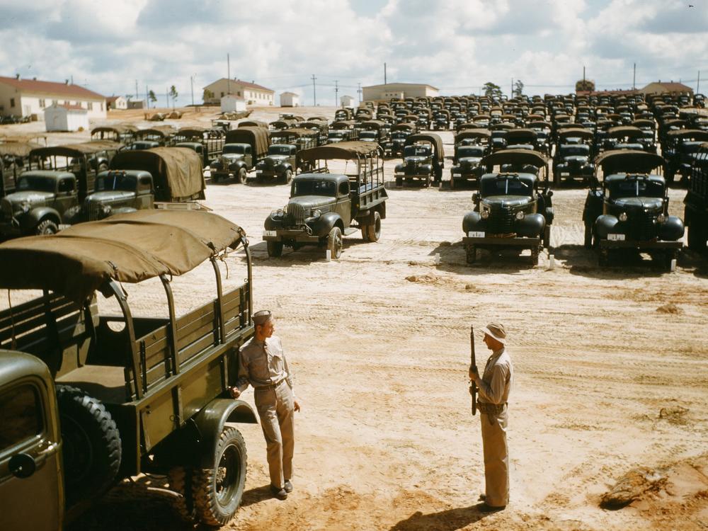 Army soldiers on guard duty at Fort Bragg in Fayetteville, North Carolina in 1942.