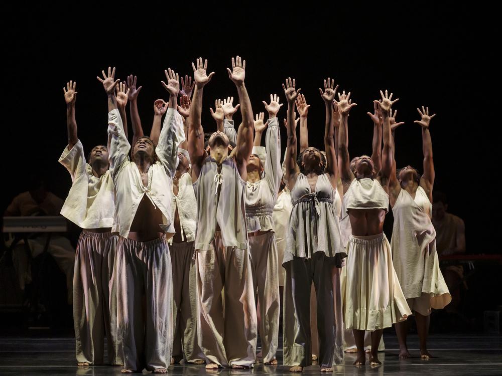 The Alvin Ailey American Dance Theater performs <em>Sacred Songs</em>, choreographed by interim artistic director Matthew Rushing based on material featured in the original 1960 version of the company's <em>Revelations</em>.