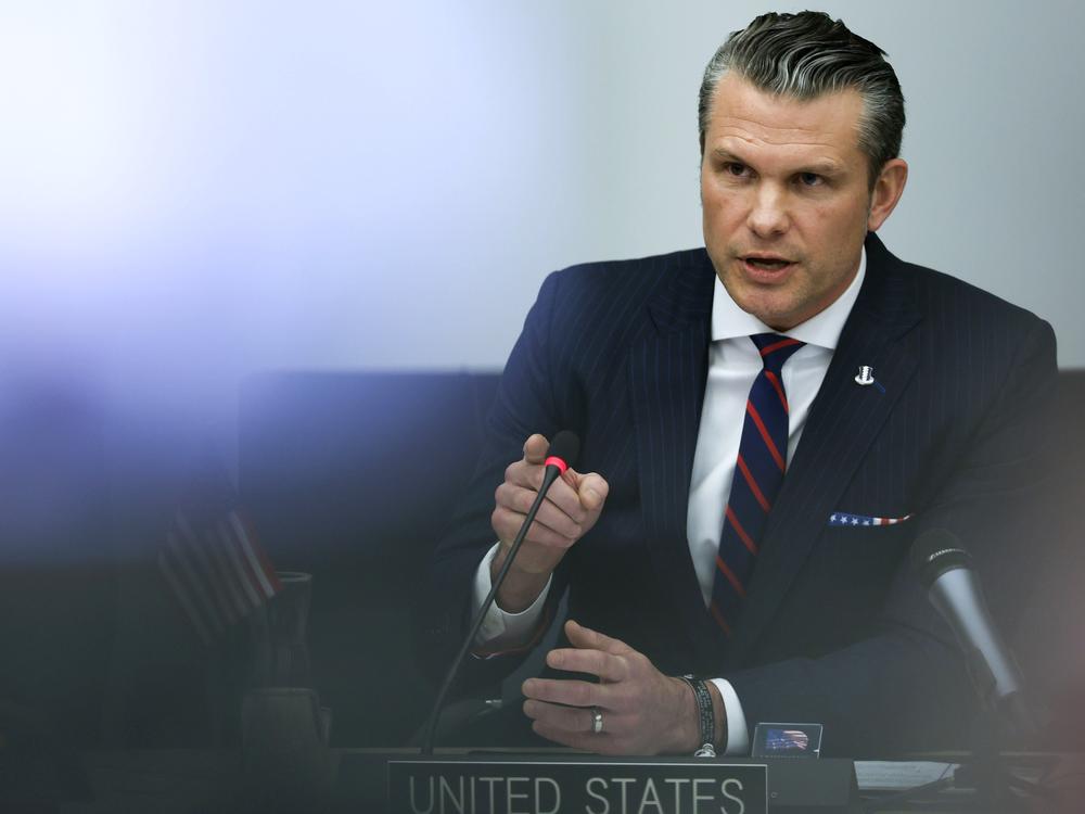U.S. Defense Secretary Pete Hegseth speaks during a meeting of the Ukraine Defense Contact group at NATO headquarters in Brussels, Wednesday.