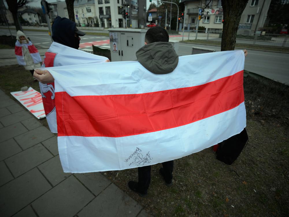 People demonstrate against political persecution in front of a Belarusian embassy on Jan. 26, 2025.