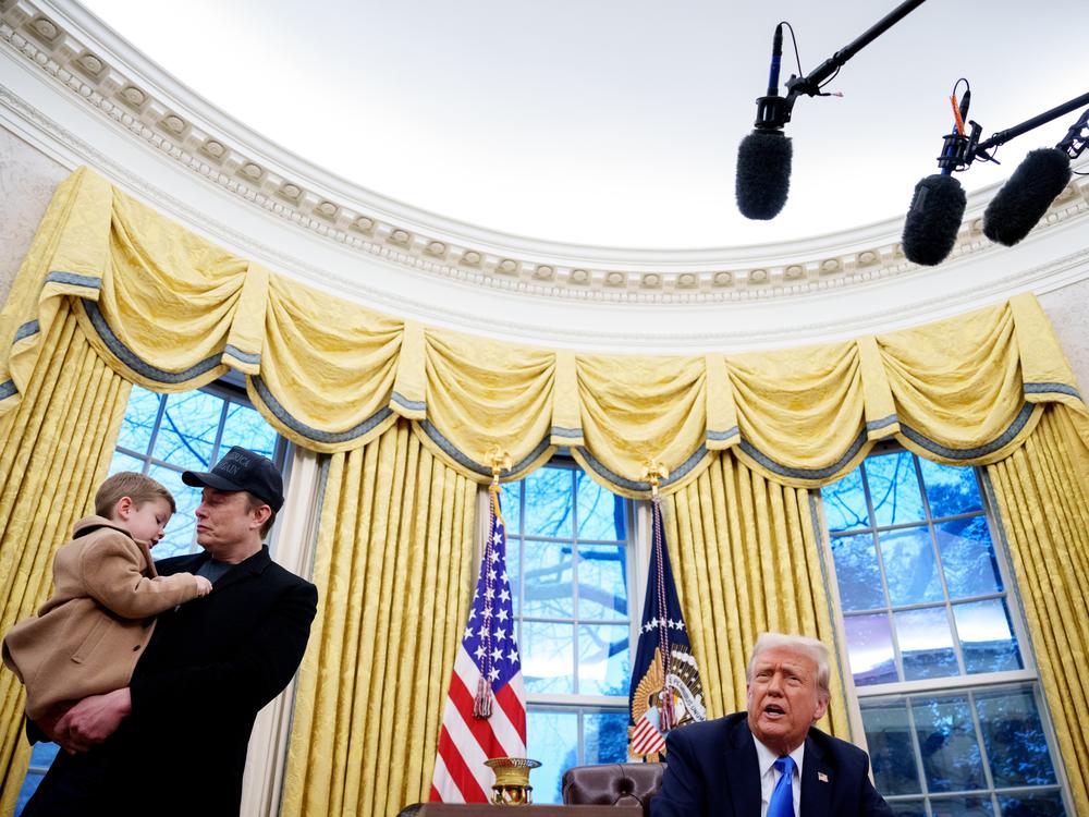 President Trump, accompanied by Tesla and SpaceX CEO Elon Musk and his son X Musk, speaks during an executive order signing in the Oval Office on Tuesday. Trump complained that a judge wants the administration to stop looking for waste, fraud and abuse, but said he would comply with the courts and appeal rulings he disagrees with.