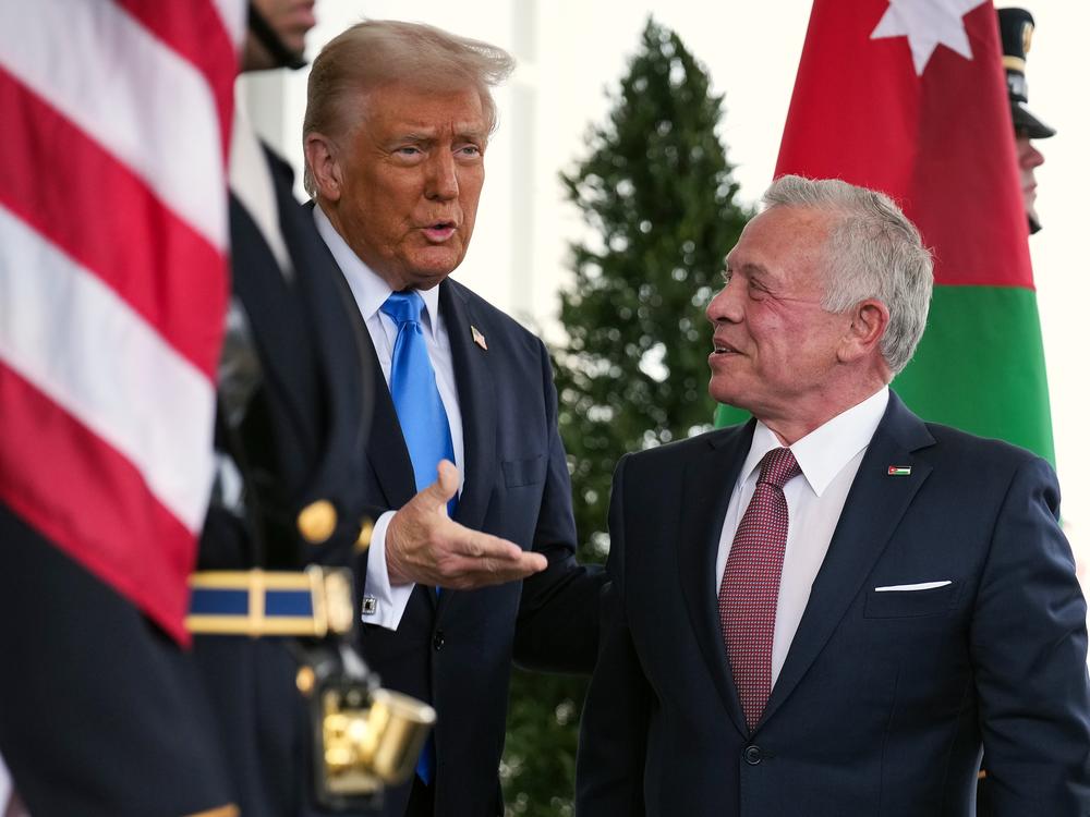 President Trump greets Jordan's King Abdullah at the White House on Tuesday. Trump has proposed that the U.S. take control of Gaza and transfer its population to neighboring countries, possibly Jordan. However, Abdullah said he and other Arab states strongly opposed relocating Palestinians.