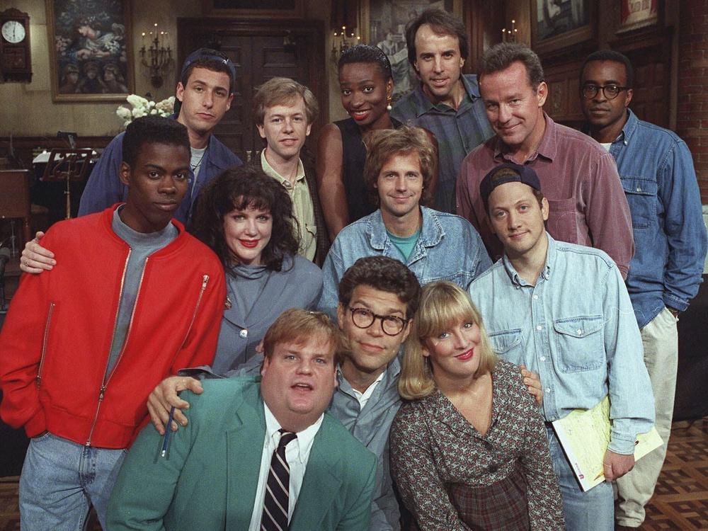 Saturday Night Live is marking its 50th year with a weeklong celebration, including a blockbuster homecoming concert and a three-hour primetime special. Above, <em>SNL</em> cast members pose on the show's set in September 1992. Front row, from left: Chris Farley, Al Franken and Melanie Hutsell. Middle row, from left: Chris Rock, Julia Sweeney, Dana Carvey and Rob Schneider. Back row, from left: Adam Sandler, David Spade, Ellen Cleghorne, Kevin Nealon, Phil Hartman and Tim Meadows.