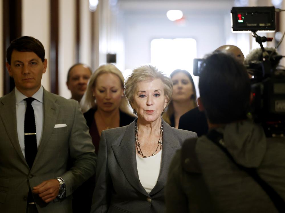 President Donald Trump's nominee to be Secretary of Education Linda McMahon arrives to meet with Sen. Tommy Tuberville (R-AL) in the Russell Senate Office Building on Dec. 9, 2024.