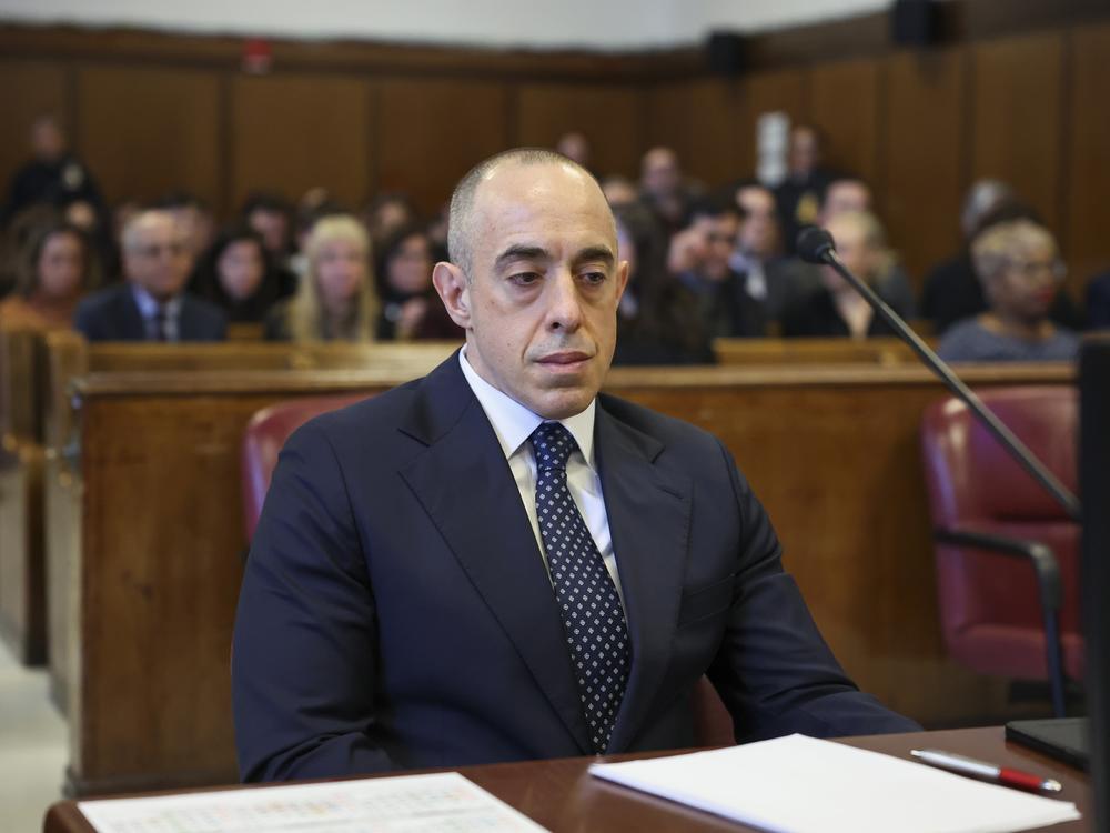 Emil Bove, then President Trump's attorney, looks on as Trump appears remotely for a sentencing hearing in Manhattan Criminal Court last month in New York City, after Trump was found guilty of falsifying business records.