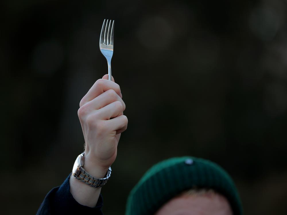 A protester holds a fork during a rally against billionaire Elon Musk and his Department of Government Efficiency on Feb. 7 in Washington, D.C. The fork is a reference to the deferred resignation program for federal employees that was communicated through an email with the subject line 