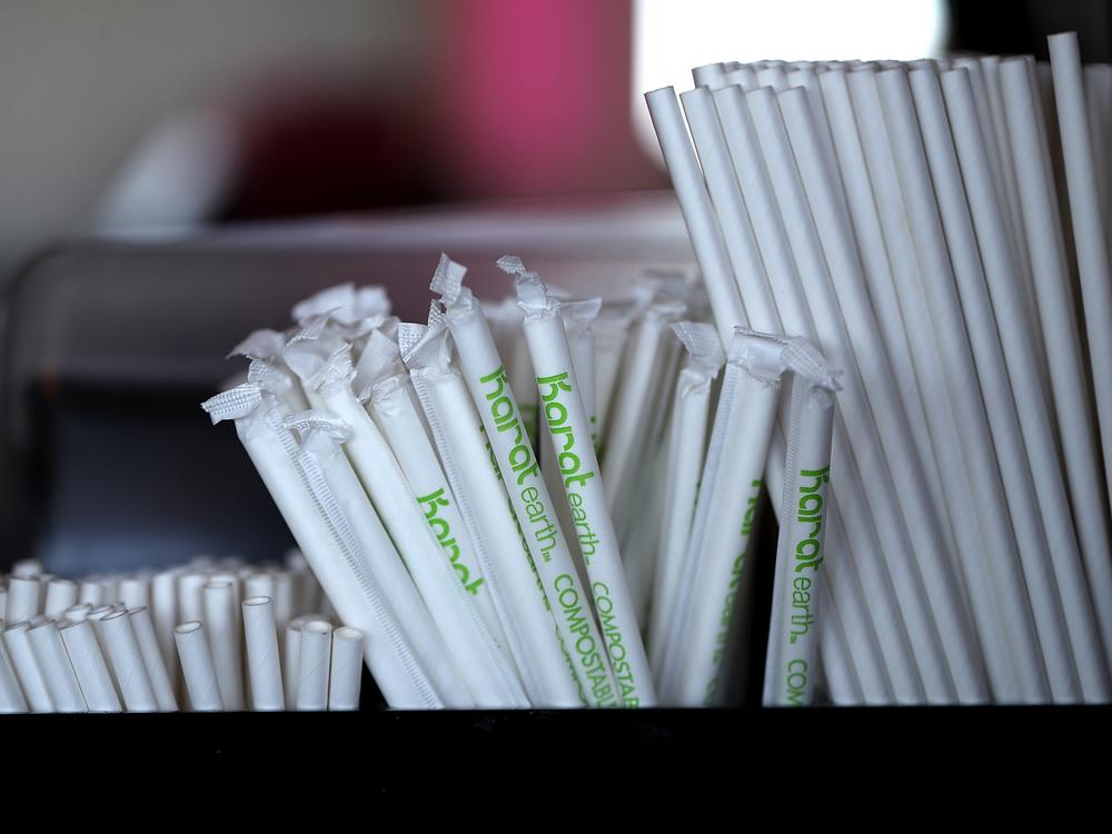 Paper straws sit on a bar in San Francisco in 2018. President Trump has signed an executive order decrying the 