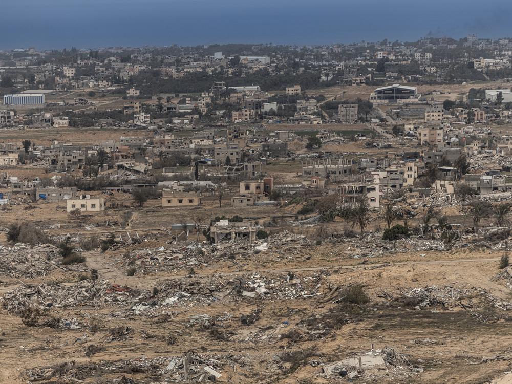 A view of Gaza from a Black Hawk helicopter after 15 months of conflict.
