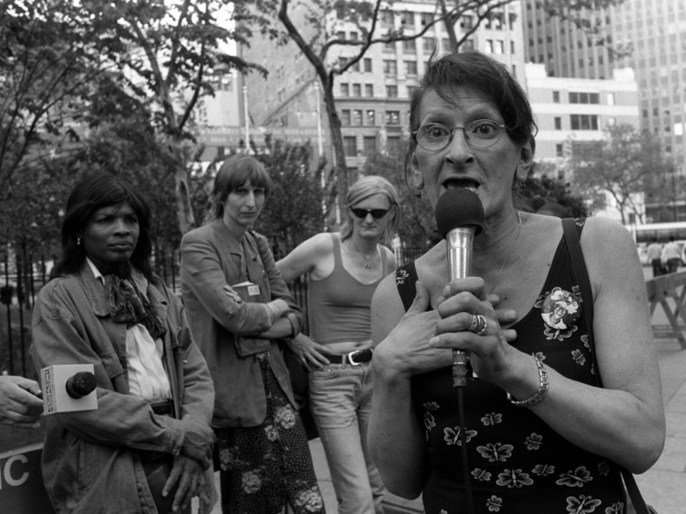 American transgender rights activist Sylvia Rivera speaks during a rally in City Hall Park, in New York City, on May 4, 2001.