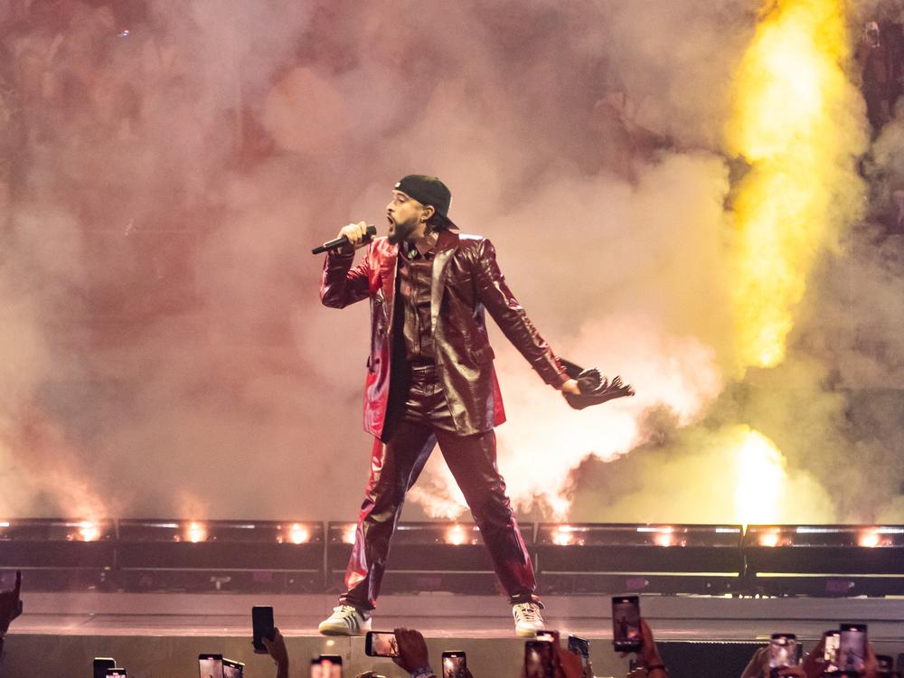 Musician Bad Bunny will be featured in Friday's <em>SNL</em> concert and Sunday's live special. Here he is performing during his Most Wanted Tour at Miami's Kaseya Center on May 24, 2024.