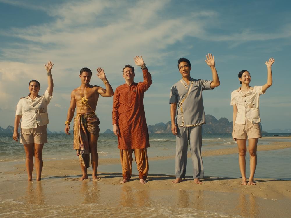 Morgana O'Reilly, Arnas Fedaravičius, Christian Friedel, Dom Hetrakul and Lalisa Manobal play resort staff in Season 3 of <em>The White Lotus.</em>