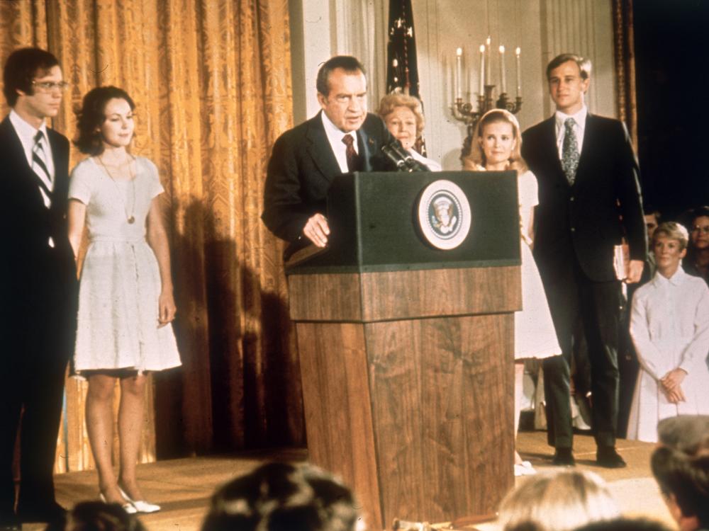 President Richard Nixon at the White House with his family after his resignation on Aug. 9, 1974.