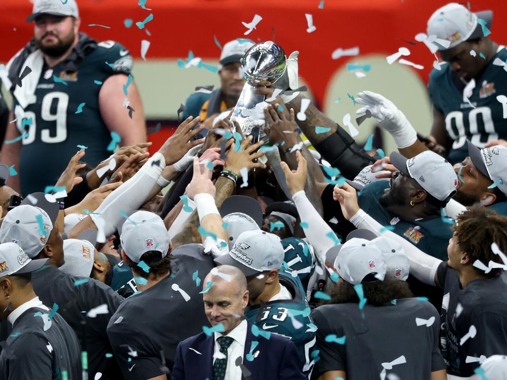 The Philadelphia Eagles celebrate with the Vince Lombardi Trophy after beating the Kansas City Chiefs 40-22 to win Super Bowl LIX at Caesars Superdome in New Orleans.