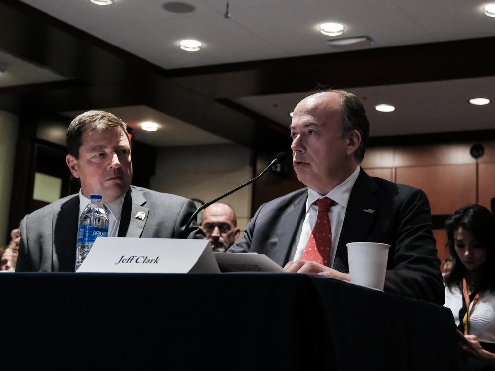 Ed Martin (left), then the president of the Eagle Forum Education & Legal Defense Fund, and Jeffrey Clark, former Acting Assistant Attorney General, speak during a January 6th field hearing at the U.S. Capitol on June 13, 2023.